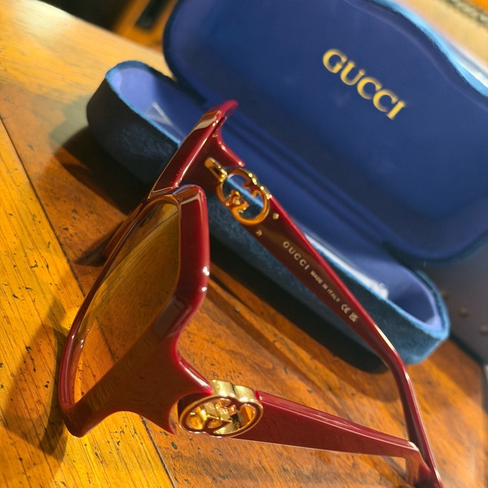 Gucci Women's Burgundy Sunglasses with Gold GG Detail